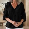 Женская рубашка свободного кроя с V-образным вырезом и рукавом 3/4, летняя застежка на пуговицы, однотонная повседневная футболка на каждый день