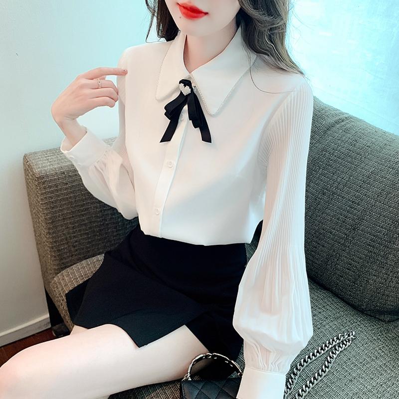 Мода 2024 Осень Длинный рукав Лук Отложной воротник Офисная женская Белая шифоновая блузка рубашка Женские топы Блузки Рубашки J506