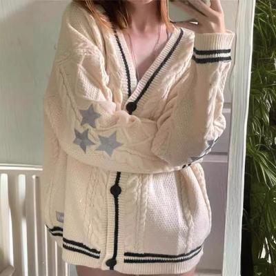 Вязаный кардиган с вышивкой в виде пентаграммы, универсальный свитер с длинными рукавами и V-образным вырезом, женская одежда Европа, Америка, осень и зима