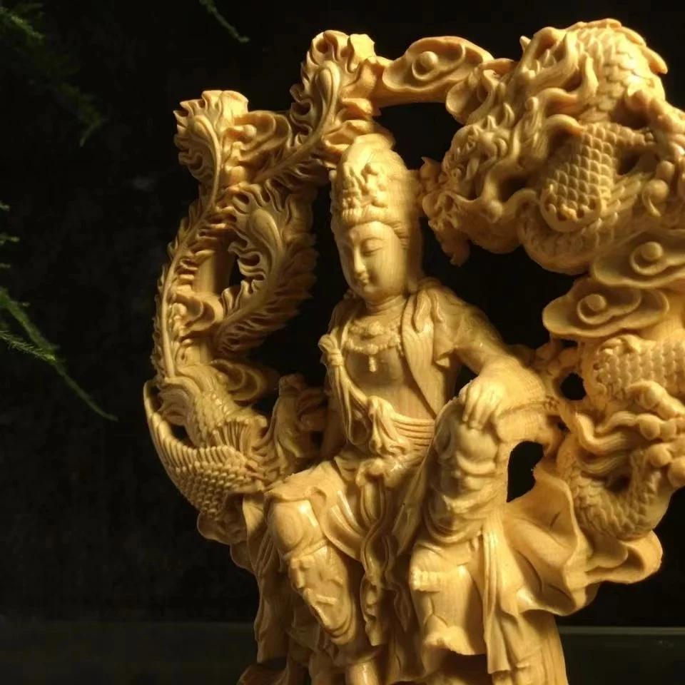 1 шт. аксессуары для домашнего декора китайская резьба по дереву гуаньинь дракон и феникс статуя цельная резьба по дереву домашний декор статуя Будды