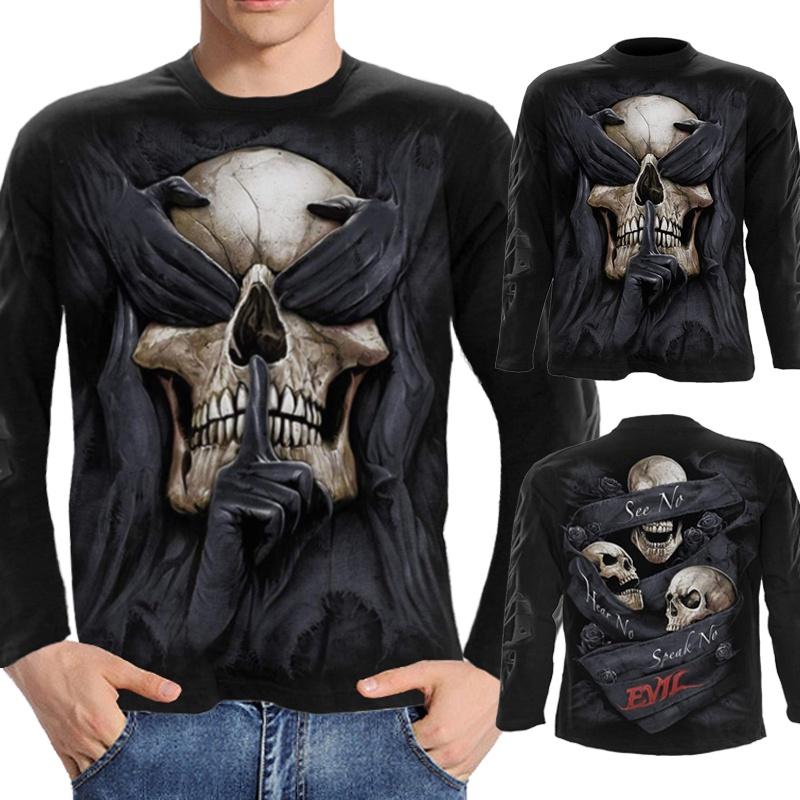 Plus Size Horror Men's T-shirt Long Sleeves Costume Vintage Funny Skull Punk Rock Streetwear Hip Pop Tee Apparel