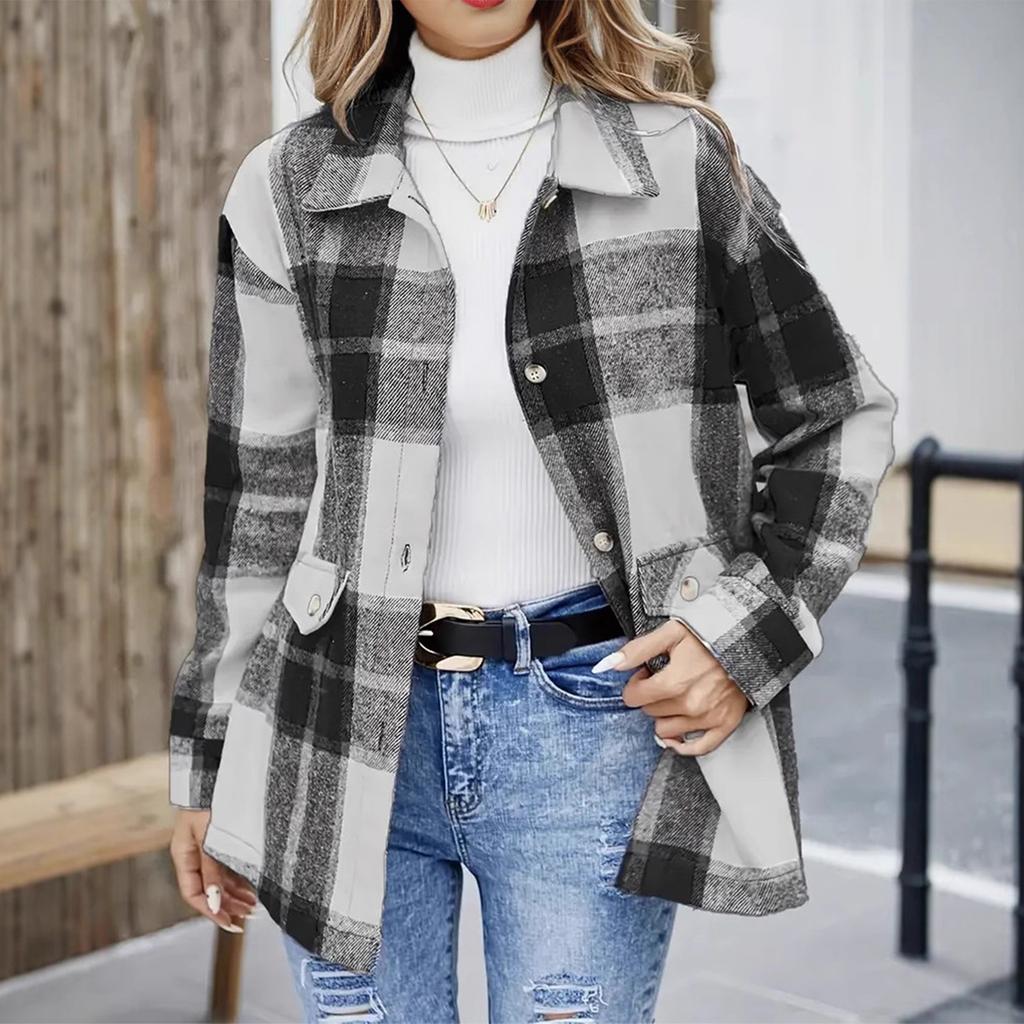 Women's Fashion Plaid Lapel Single Breasted Long Sleeved Shirt Jacket