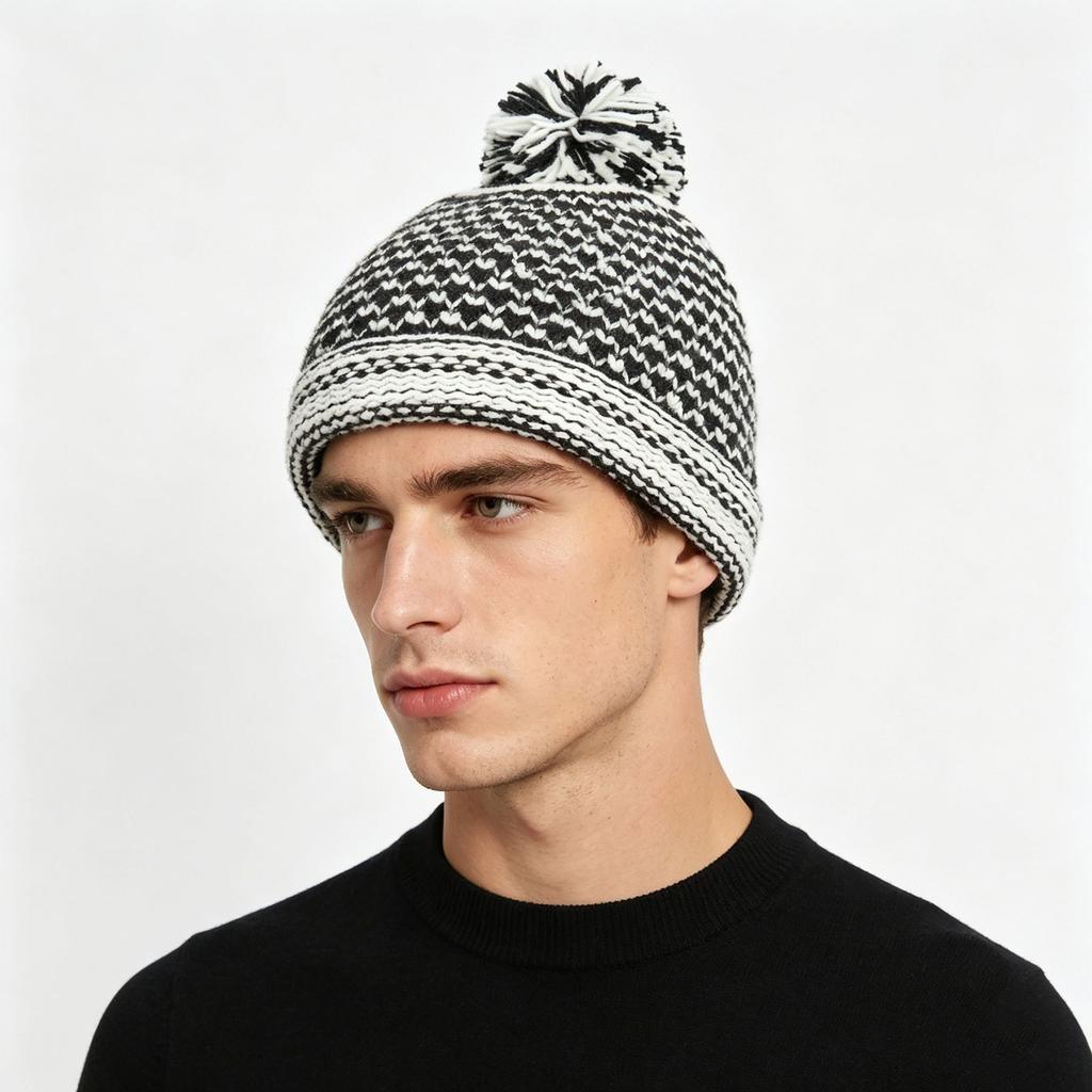 European and American rough knitted black and white jacquard hat with ball thickened warm knitted hat elastic big head circumference acrylic wool hat