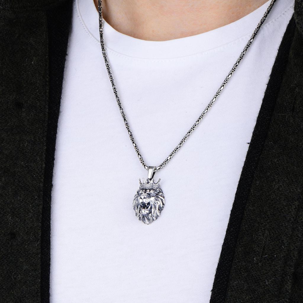 Мужское ожерелье с подвеской из серебра 925 карата с головой льва — турецкая византийская цепочка ручной работы — уникальный ремесленный дизайн — смелые мужские украшения