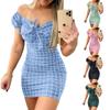 Женское сексуальное короткое платье с открытыми плечами и клетчатым принтом