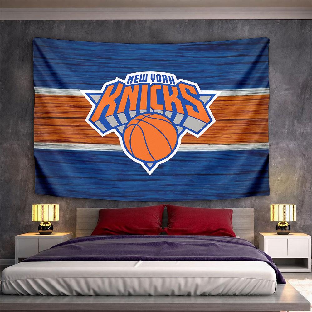 Bold orange basketball logo with blue background and horizontal stripe. Patterned tapestry for bedroom and living room home decor