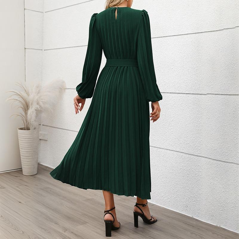 Dress for Women with Long Sleeves Pleated Round Neck, High Waist Long Dress