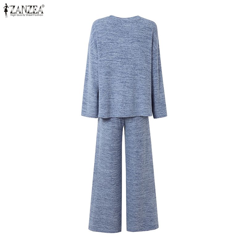 Autumn Womens Sets 2pcs Zanzea Spring Long Sleeve Blouse And Wide Leg Trousers Casual Loose Knitted Outfits
