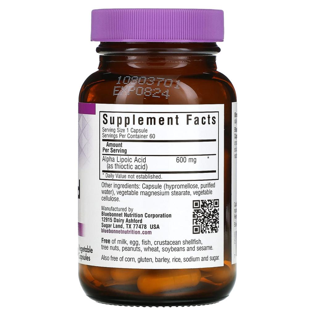 Bluebonnet Nutrition Альфа-липоевая кислота, 600 мг, 60 растительных капсул