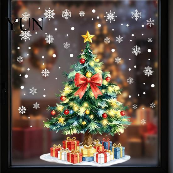 Festive Party Supplies Christmas Tree Static Window Sticker, Waterproof PVC Decal, Watercolor Home Holiday Accents Snowflake Glass Clings for