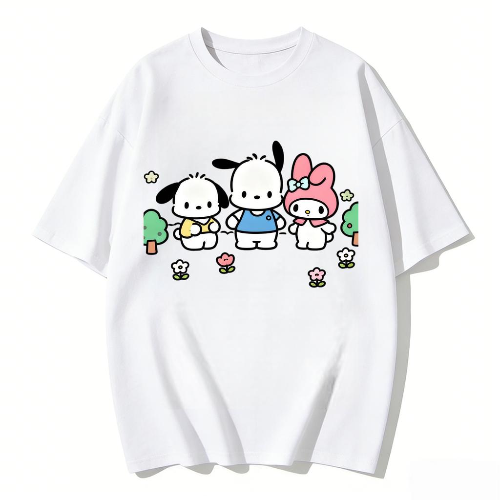 Summer Cute Pochacco My Melody Print Tshirt Casual Short Sleeve Tees for Mom and Daughter Sweet Family Matching Outfits Fashion