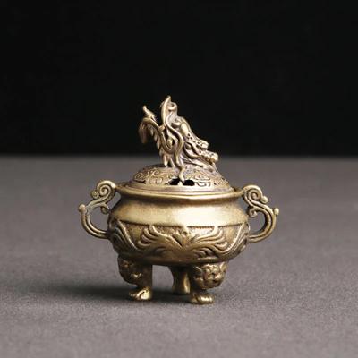 Антикварная латунная курильница Kirin с крышкой в виде головы дракона, статуэтки для домашнего декора, китайские медные миниатюры