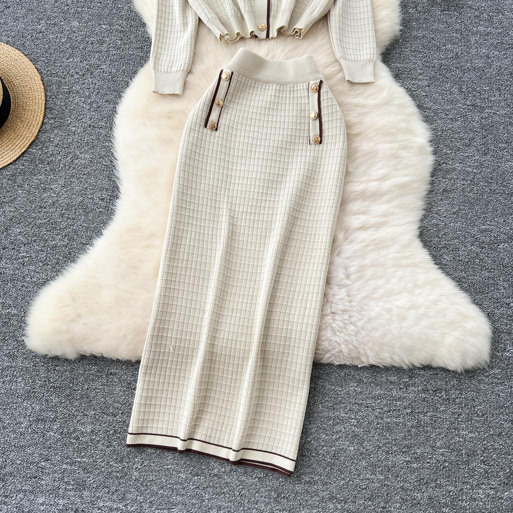 Simple Luxury Premium Solid Color Set Autumn/Winter Knitted Set Women's Polo Loose Shirt Coat+High Waist Skirt Two Piece Sets