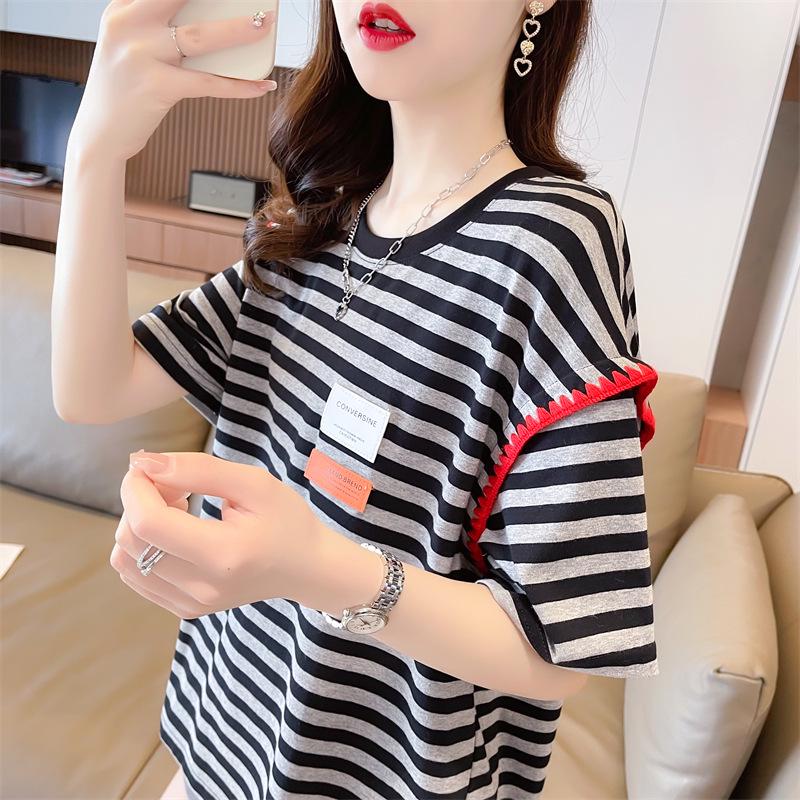 Женская полосатая хлопковая контрастная футболка в корейском стиле, свободный крой, размер плюс, лето 2025 г., модный круглый вырез