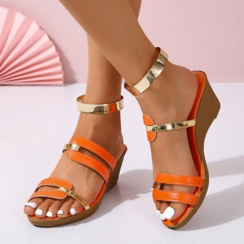 Женские Сандалии Летние Повседневные Сандалии Color Blocking Элегантные Удобные Мягкая Кожа Толстая Подошва Наклонная Плетеная Соломенная Обувь Женская