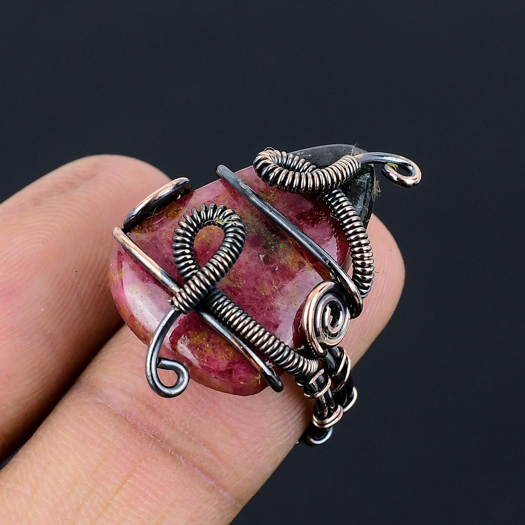 Natural Rhodochrosite Gemstone Handmade Copper Wire Wrap Ring Size 6 T6s17