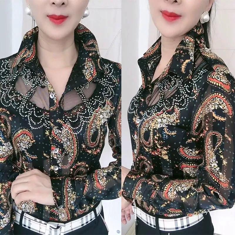 Blouse Tops Offce Lady Shirts Summer Lace Chiffon Shirts Women's Lapel Stitching Printing Buttons Female Blusas Chemises Fleurs