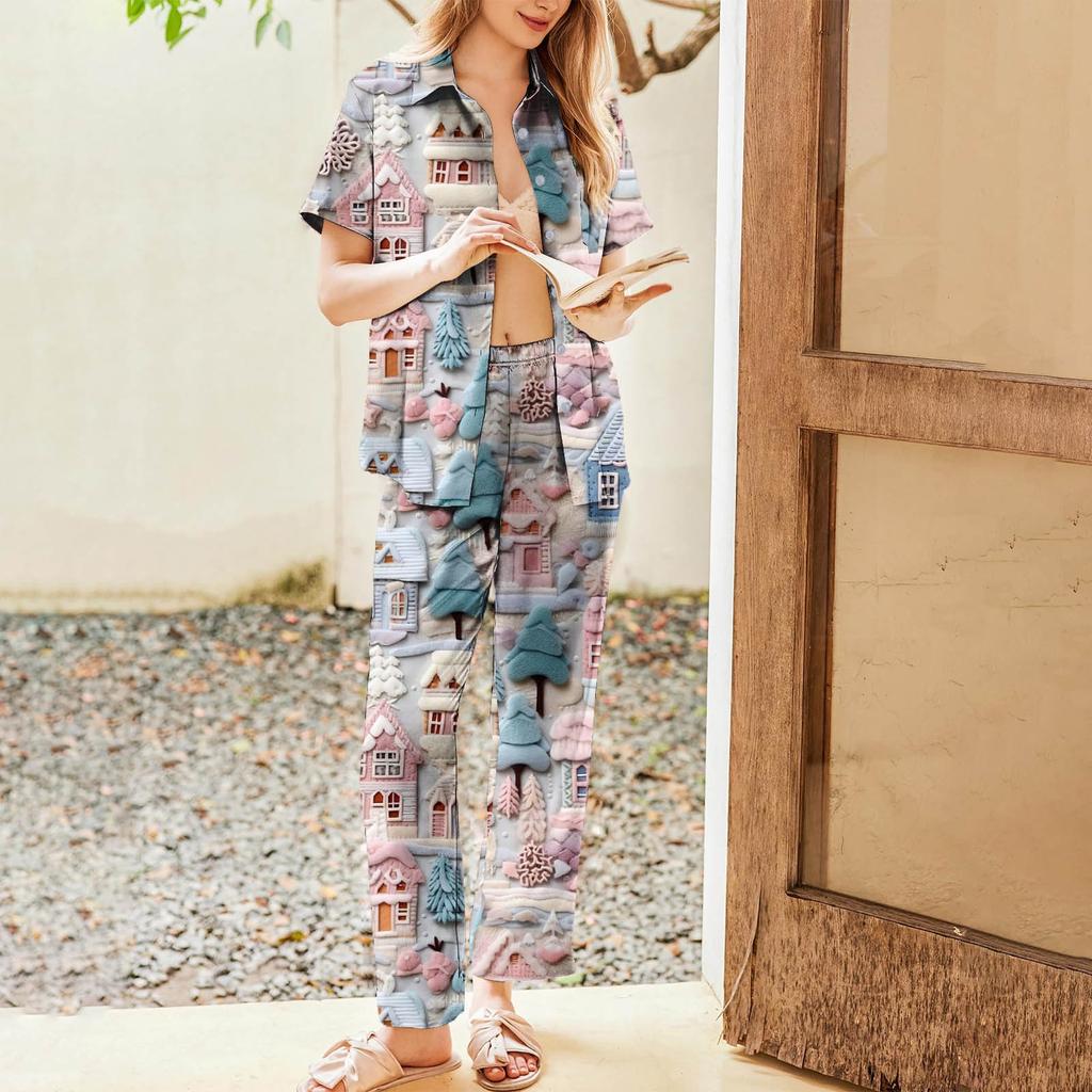 Женский рождественский пижамный комплект с принтом, женские короткие рукава, длинные брюки, комплект из двух предметов, застегивающийся на пуговицы, домашняя одежда