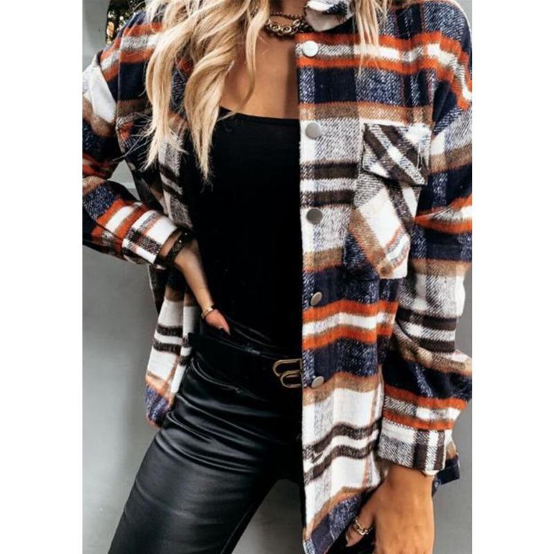 Осенняя женская клетчатая рубашка с длинным рукавом и большим карманом, свободного кроя, куртка средней длины