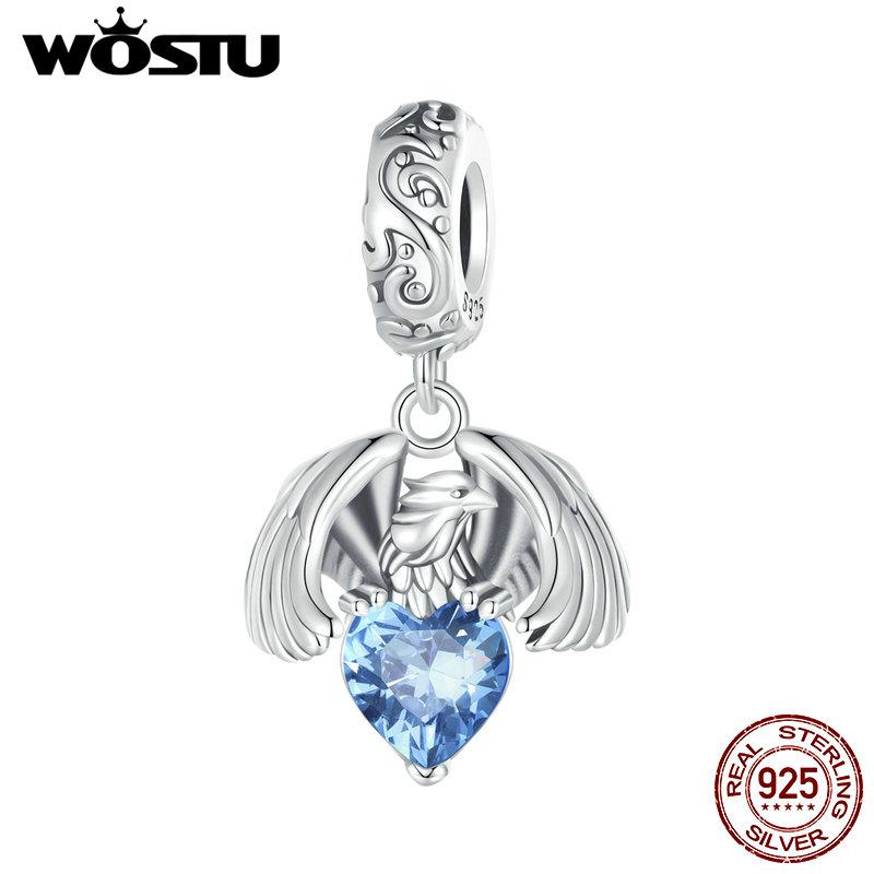 WOSTU Стерлингового серебра 925 пробы, белый орел, подвесная бусина, синий циркон, кулон, яркие подвески в виде рыси, бусины в форме кошки для женщин, браслет и ожерелье, ювелирные изделия