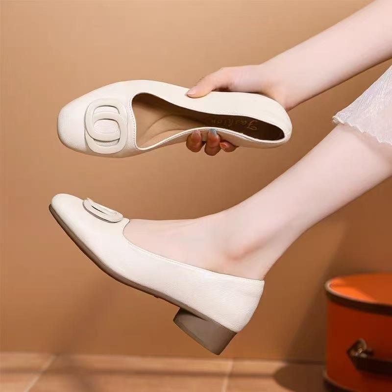 Retro Square Head Thick Heel Single Shoes Women's Spring and Summer New Shallow Mouth Versatile Soft Sole Grandma Shoes One Pedal Middle Heel Shoes