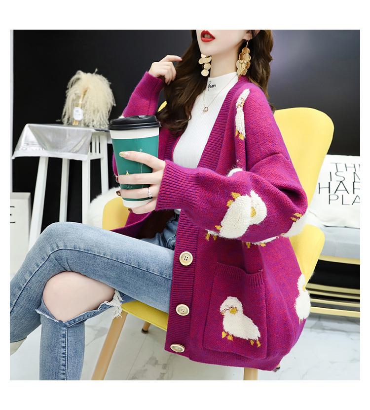 2024 Autumn Women's Lamb Pattern Loose Knit Cardigan - Thickened Knit Outerwear