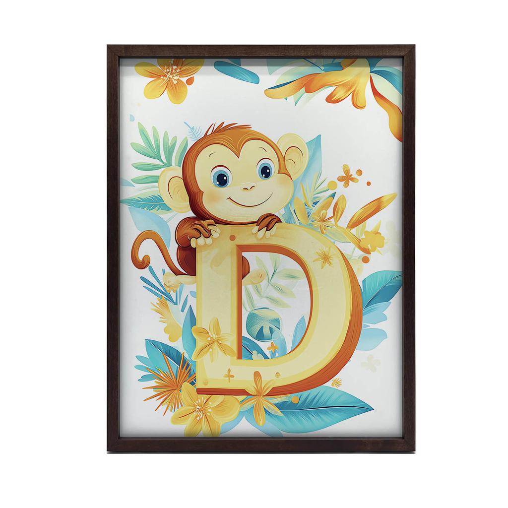 Plakat Uśmiechnięta Małpka Z Literką "D Plakat Uśmiechnięta Małpka Z Literką "D, 30X40 Cm, Rama Drewniana Ciemny Brąz, Papier Matowy 230 Gsm