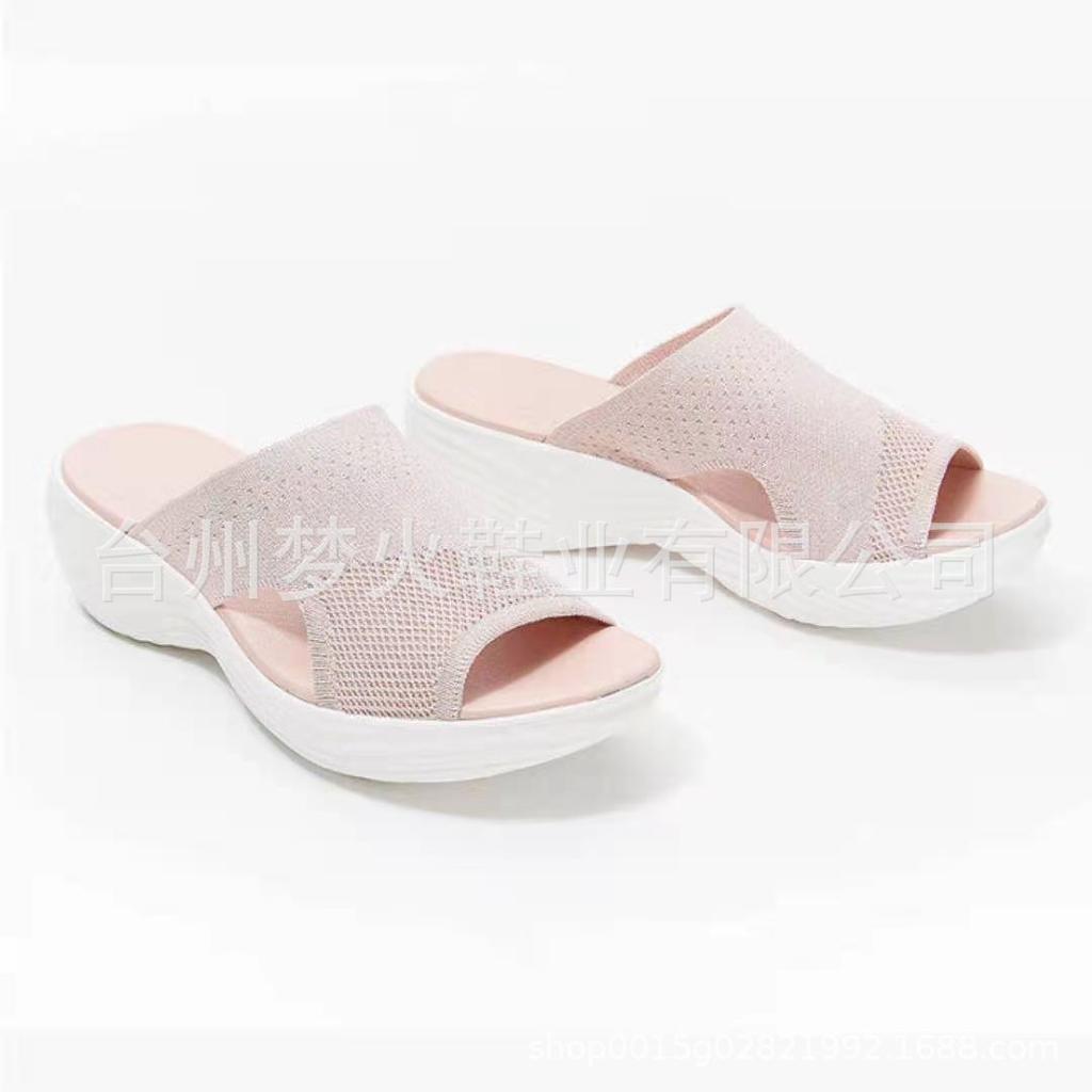 Summer New Fashionable Women's Outer Wear Wedge Heel Thick Bottom Fly-woven Solid Color Cool Slippers Women Breathable