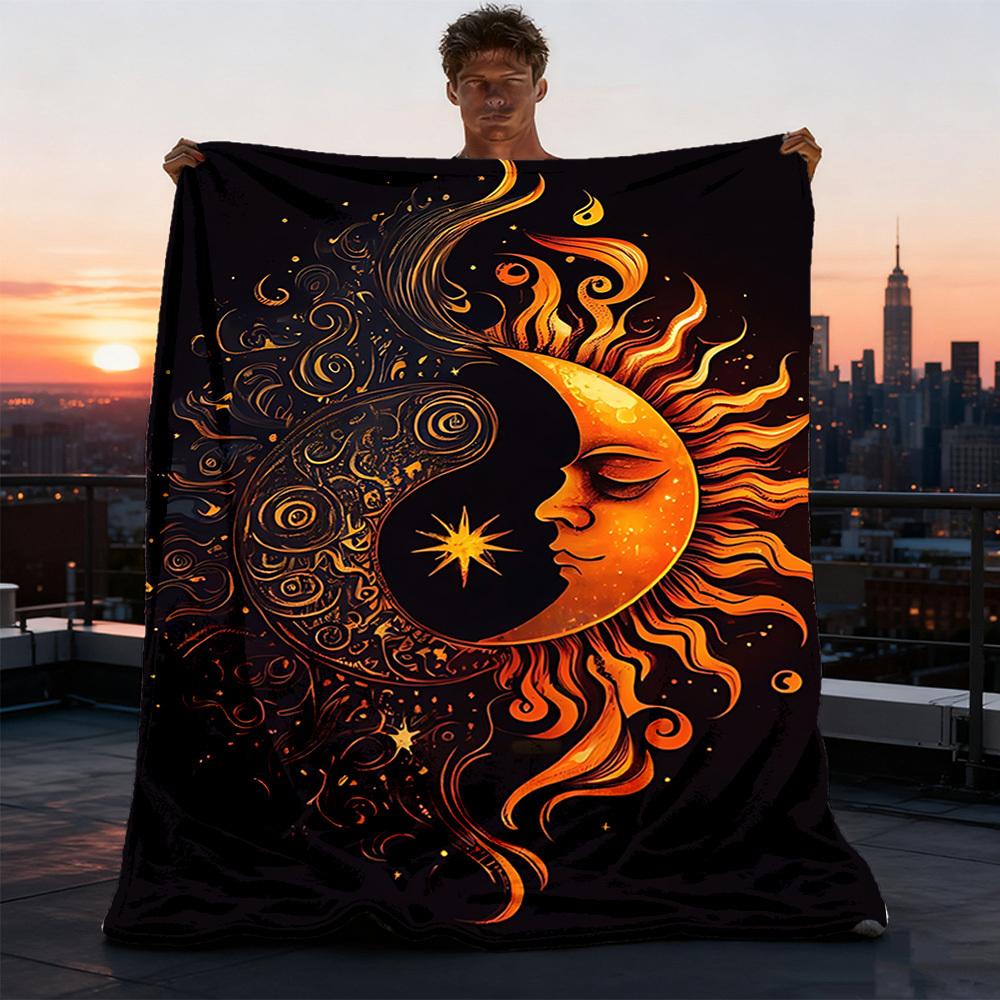 1pc Sun Moon Symbol Throw Blanket Polyester Fiber, Lightweight Flannel, Soft & Warm, All Season Use for Outdoor, Camping Digital Print