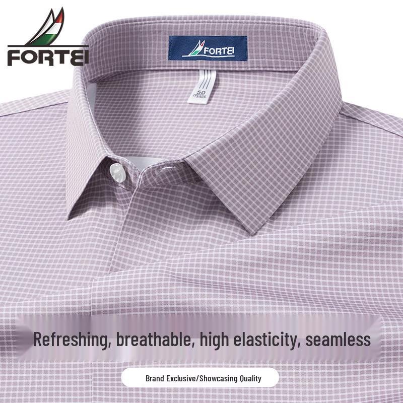 Futing Men's High-Elastic Business Plaid Short-Sleeve Shirt