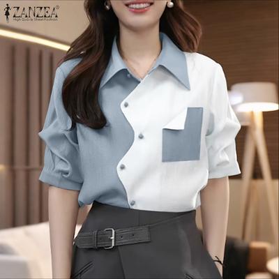 Женская летняя блузка с отложным воротником и рукавом три четверти, в стиле пэчворк