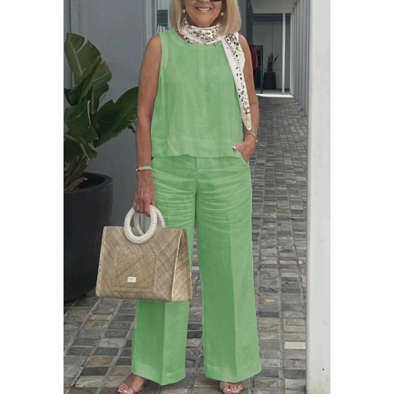 VEZFAA Женские модные повседневные летние весенние однотонные принтованные брюки без рукавов с круглым вырезом костюмы