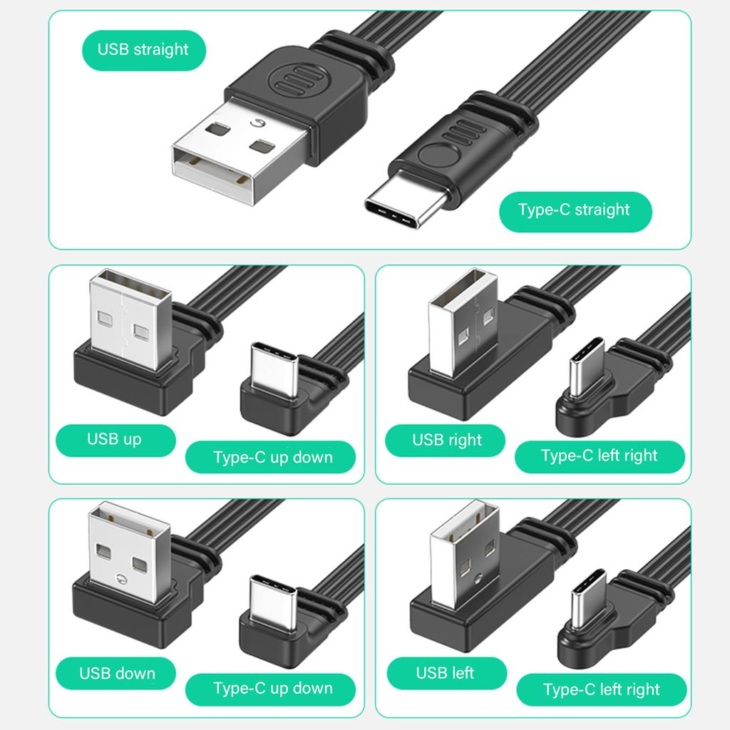 Кабель передачи данных USB 2.0 - Type C, 2 А, быстрая зарядка, скорость передачи данных 480 Мбит/с, плоский провод, колено 90 градусов для планшетов и телефонов