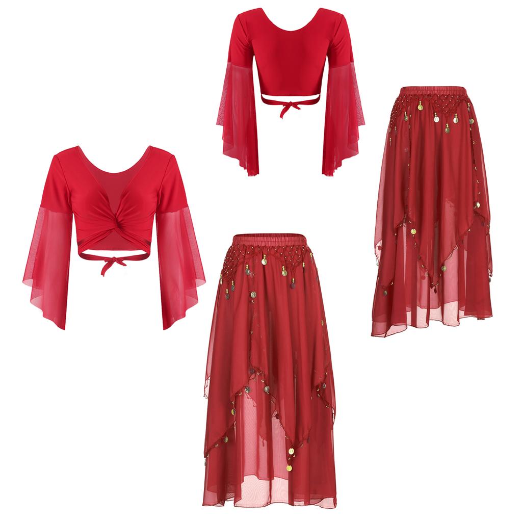 Одежда для танца живота Костюм для восточного танца Укороченный топ для танца живота и шифоновая юбка, расшитая бисером