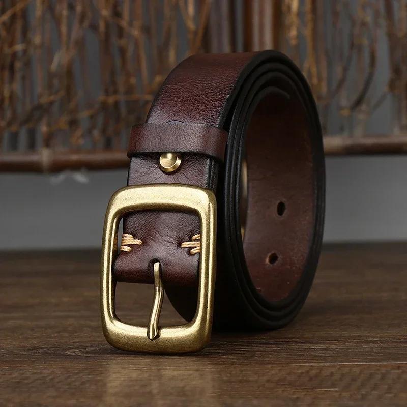 3.3CM Men's Genuine Leather Belt Luxury Designer Brass Pin Buckle Belts Pure Cowskin Vintage Strap Male Jeans for Man Women