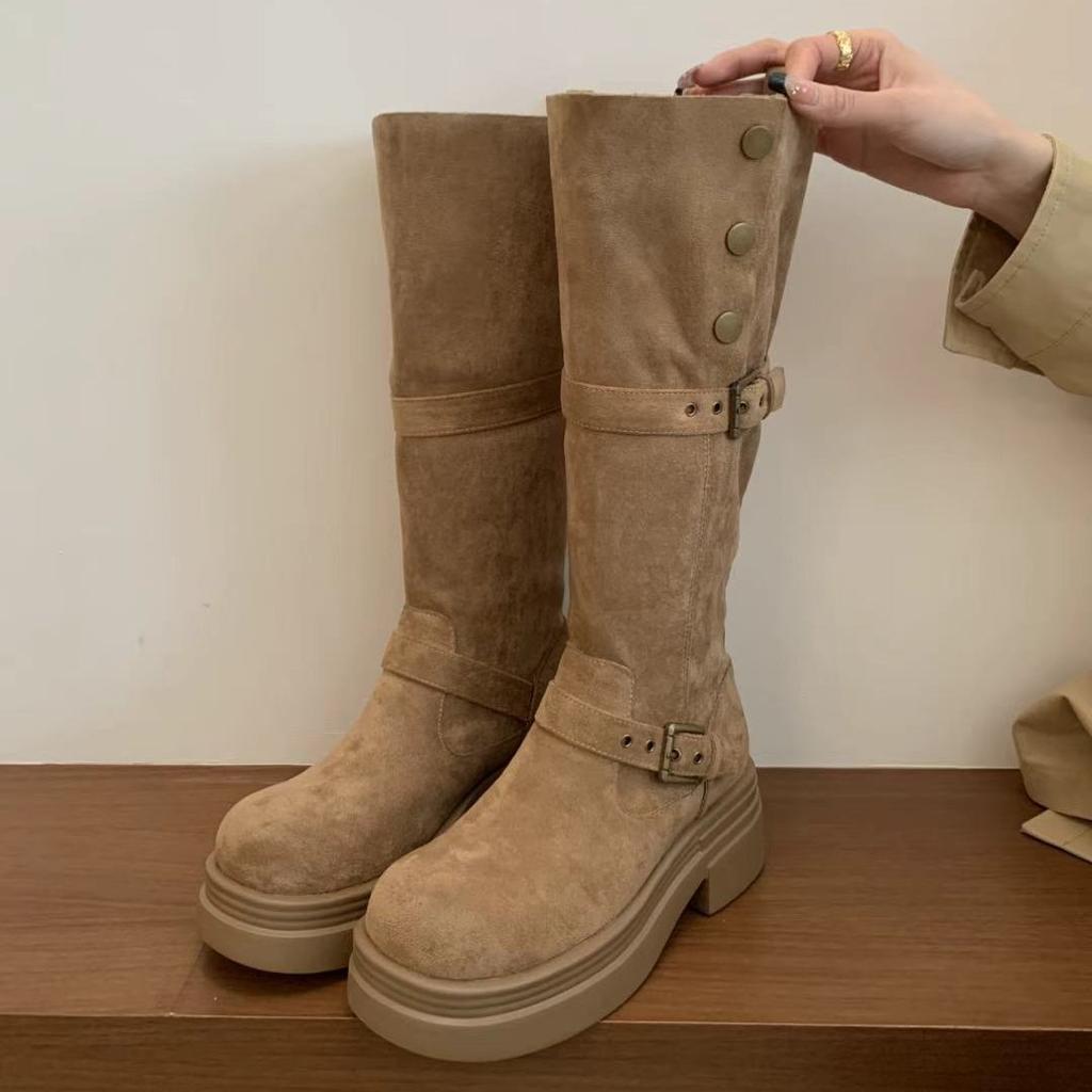 2025 Autumn and Winter New Retro Suede Knight Boots Women's Thick Heel Thick Sole Long Tube High Tube Thin Round Head High Boots