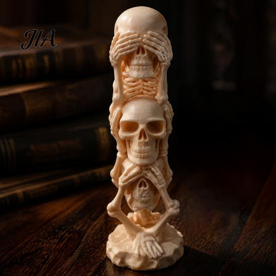 Desktop Decorations 3D Printed Triple Skull Statue, Halloween Horror Hear No Evil See Spooky Table Ornaments Speak Figurine, Creative Desk Decor
