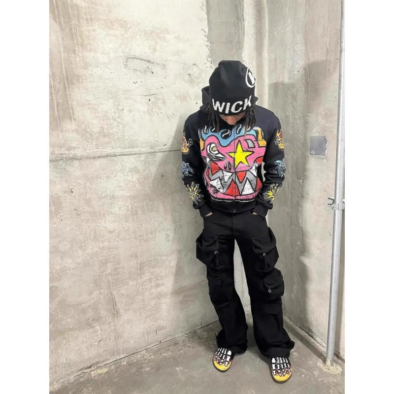 Vintage Y2K Gothic Zip-Up Hoodie Streetwear Graphic Print Loose Fit Sweatshirt