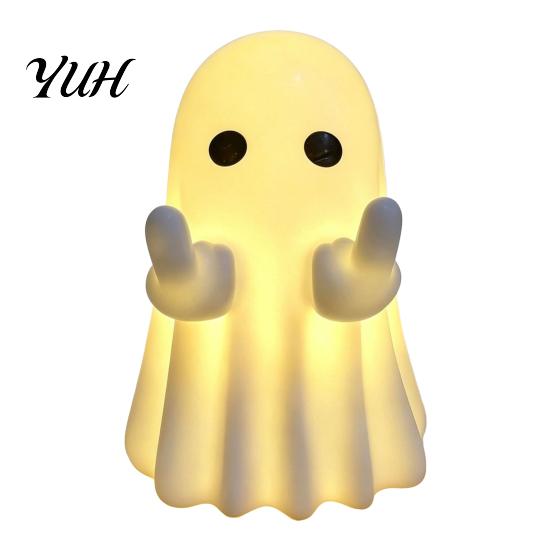 Whimsical Ghost Statue LED Middle Finger Halloween Night Light, Cute Spooky Handmade Ornaments for Desktop Home Office Decor Haunted House Display
