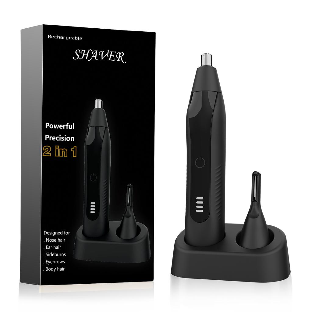 2-in-1 Electric Nose Hair & Eyebrow Trimmer - Rechargeable, Detachable Washable Head, 50-Day Battery Life