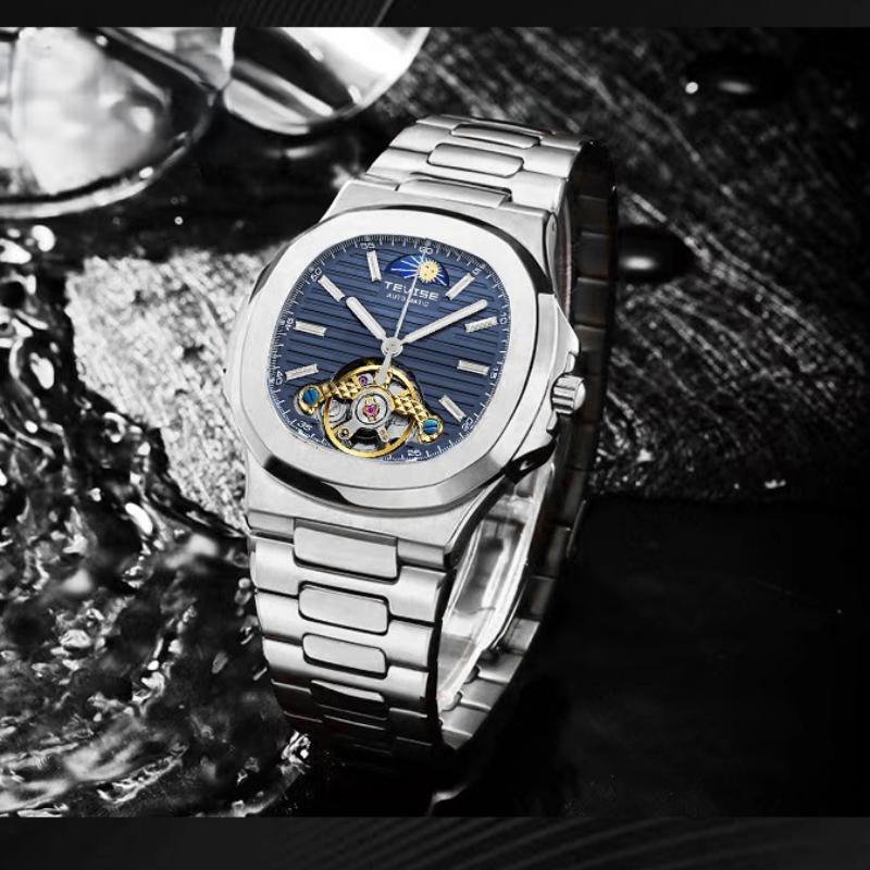 TEVISE Мужские роскошные водонепроницаемые часы из нержавеющей стали с механическим турбийоном и автоматическим механизмом для спорта и бизнеса