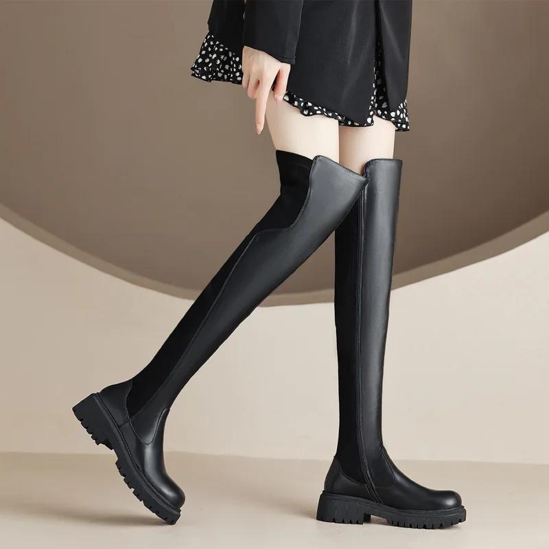 Sexy Over-the-Knee Boots Women High Quality Leather Long Boots Plush Keep Warm Winter High Boots Comfort Thick Heel Elastic Boot