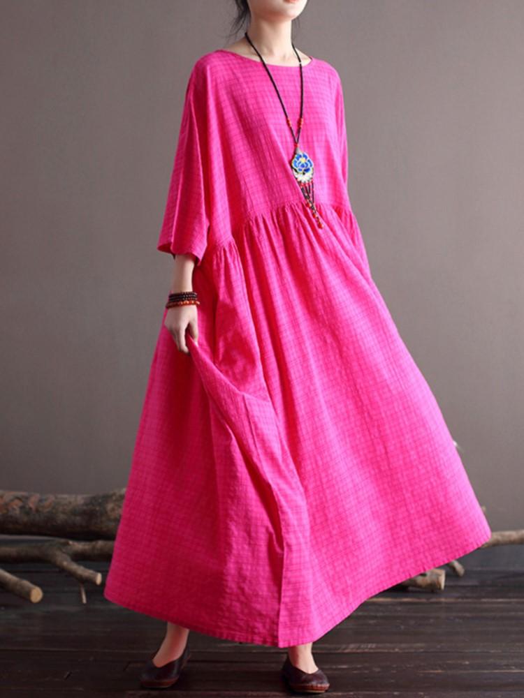 Johnature Женские клетчатые винтажные платья с рукавами «летучая мышь», свободные весенние халаты, лоскутные женские платья в китайском стиле