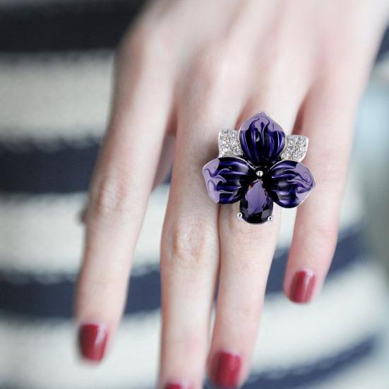 Women Ring 3D Flower Shape Rhinestone Decor Enamel Polished Copper Anniversary Gift Wedding Party Banquet Cocktail Jewelry