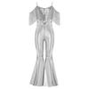 Girls Fashion Spaghetti Strap Sleeveless Sparkly Sequins Tassels Shiny High Waist Flared Jumpsuit Pageant Outfit
