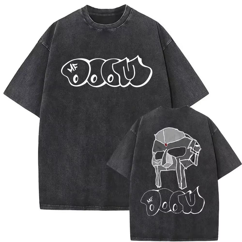 Винтажная стираная оверсайз футболка с графическим принтом MF Doom для фанатов хип-хопа