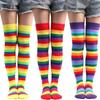 Women Girls Fancy Rainbow Colorful Stripes Over Knee Long Socks Halloween Cosplay Costume Knitted Stretchhy Thigh High