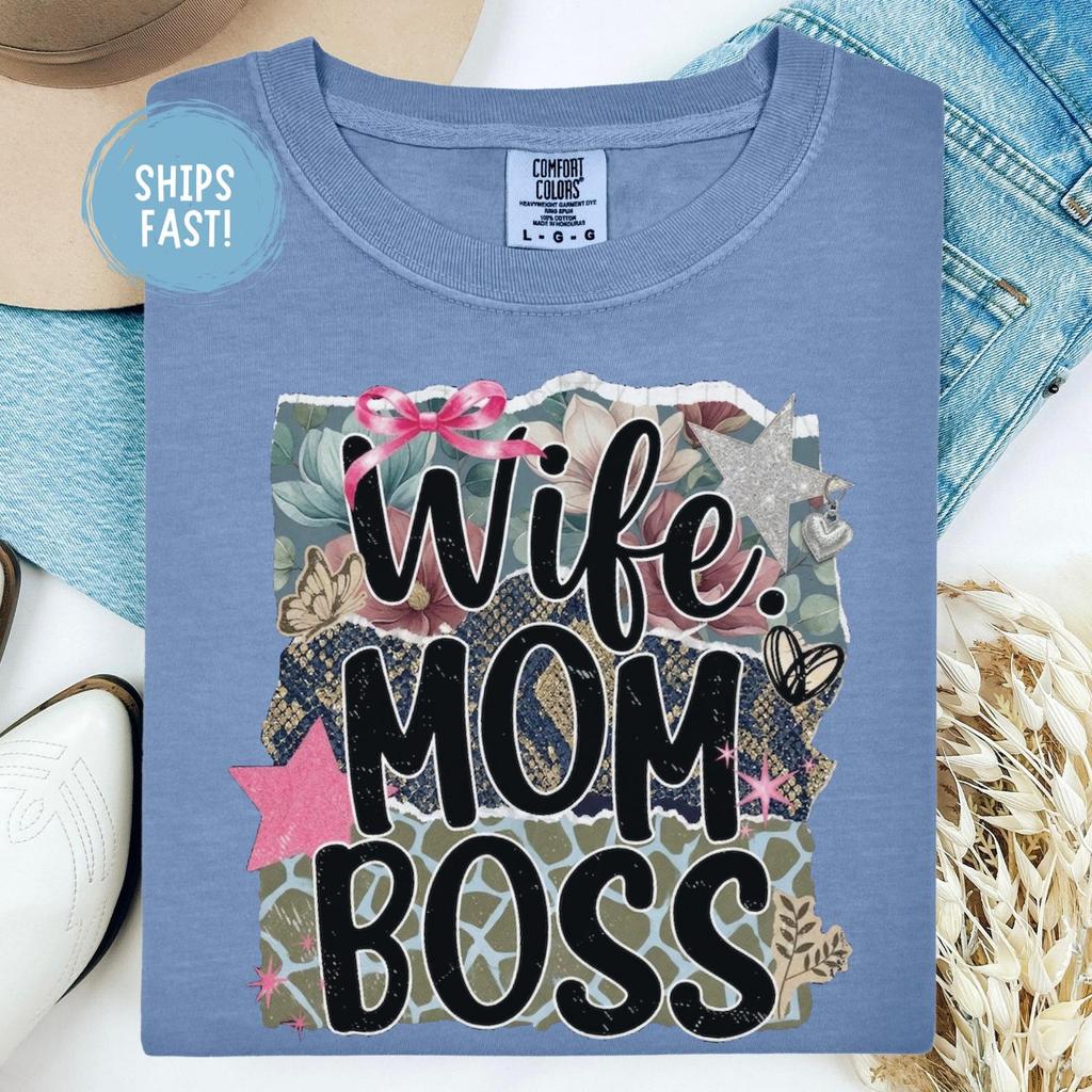 Wife Mom Boss Shirt Funny Mom Life Tee Strong Woman Graphic Shirt Trendy Minimal Mom Outfit Gift For Wife Mother's Day Comfort Colors