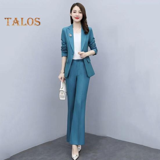 Женский комплект из 2 предметов: пальто и брюки, отложной воротник, длинные рукава, пиджак, облегающий крой, однотонные расклешенные брюки, повседневная одежда для поездок на работу и в офис