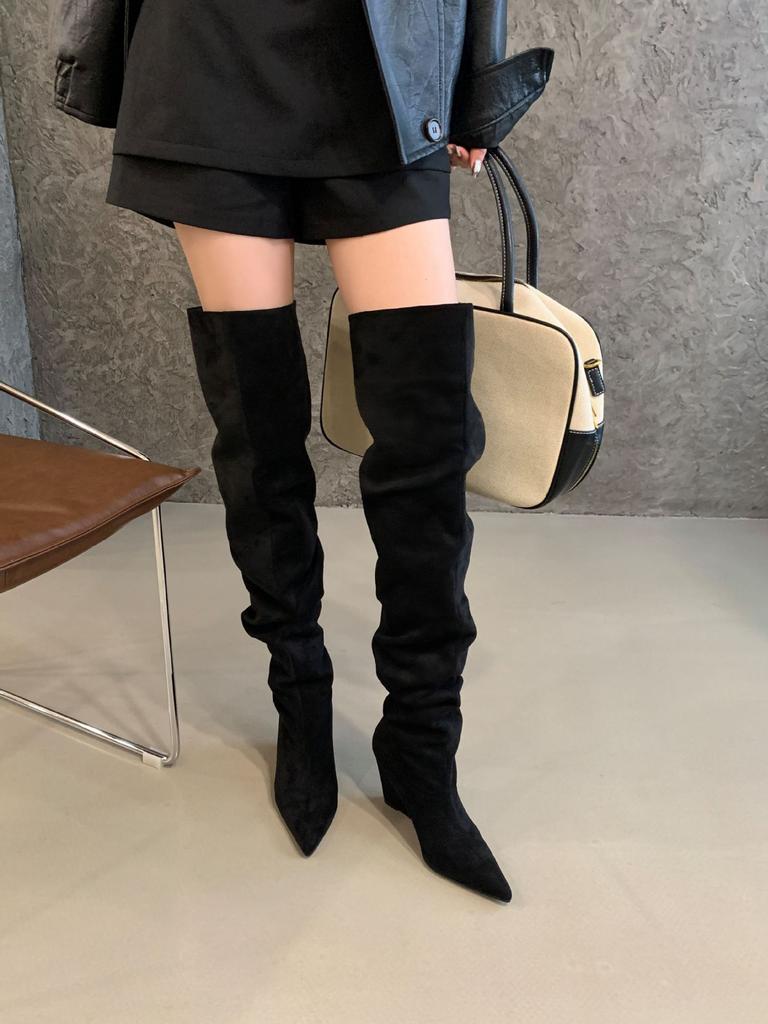 2025 Autumn and Winter New Big Tube Circumference Pointed Toe Over Knee Boots Thick Heel High Boots Slope Heel Boots Stacking Boots